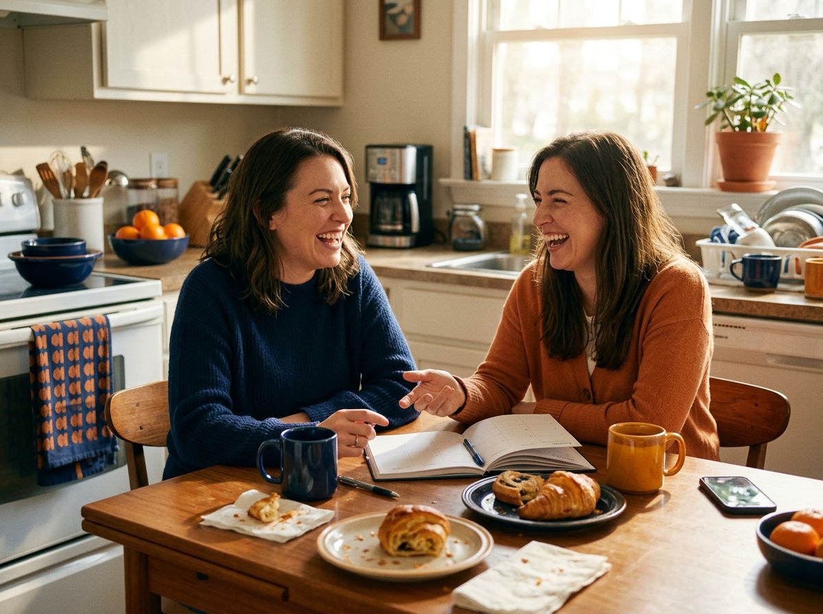 Two friends laughing over coffee in a sunny kitchen
