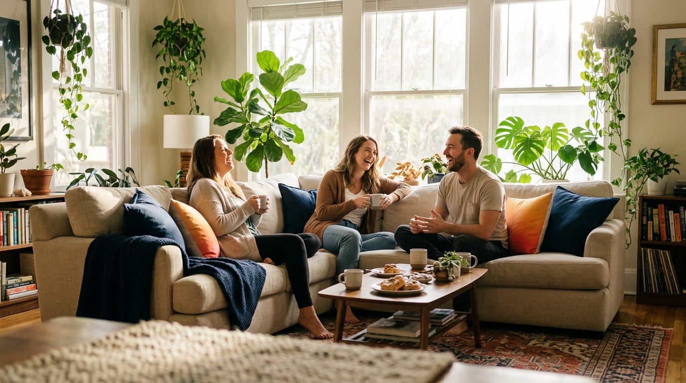 Friends laughing on a bright sofa with morning coffee